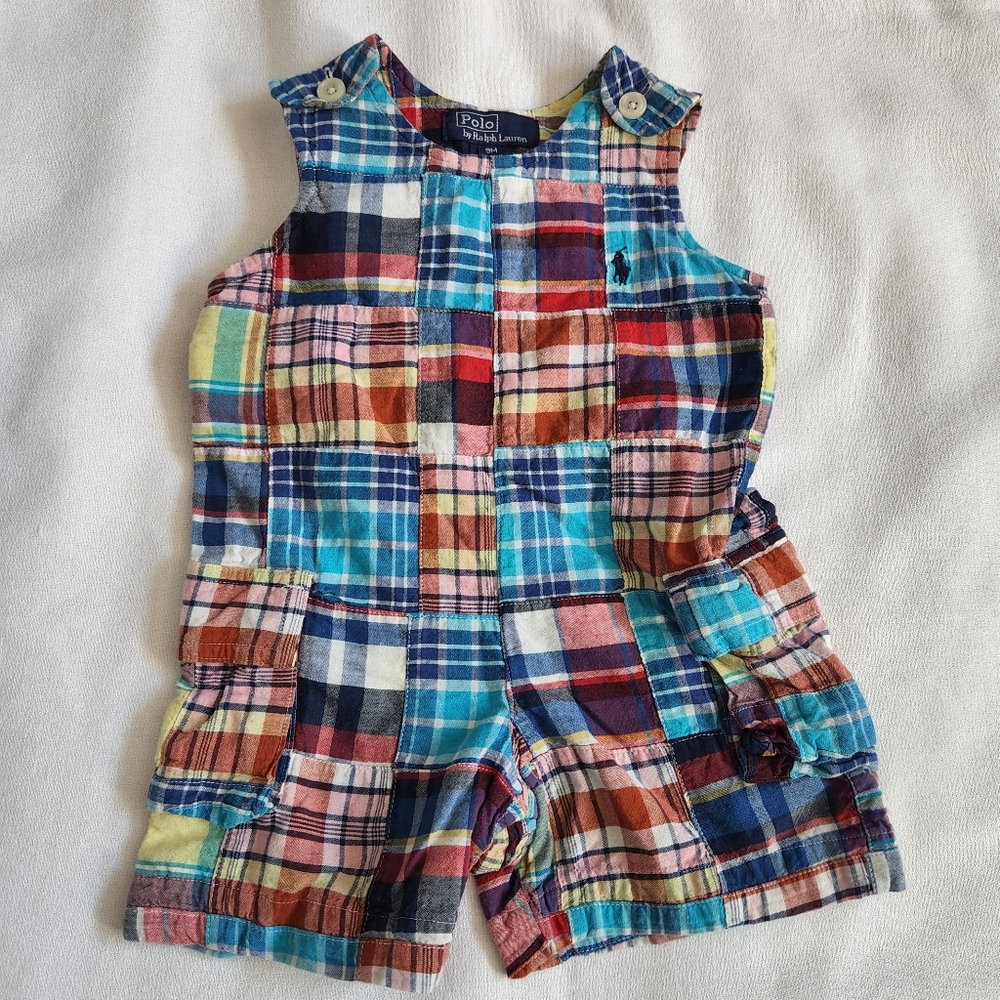POLO RALPH LAUREN Patchwork Plaid Madras Romper Jon Jon 9 Months